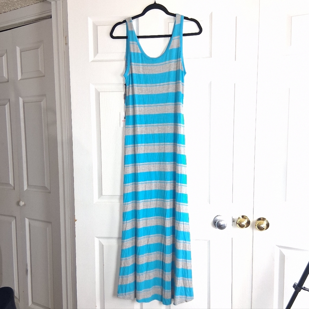 Calvin Klein Teal Blue Gray Striped Sleeveless Maxi Dress